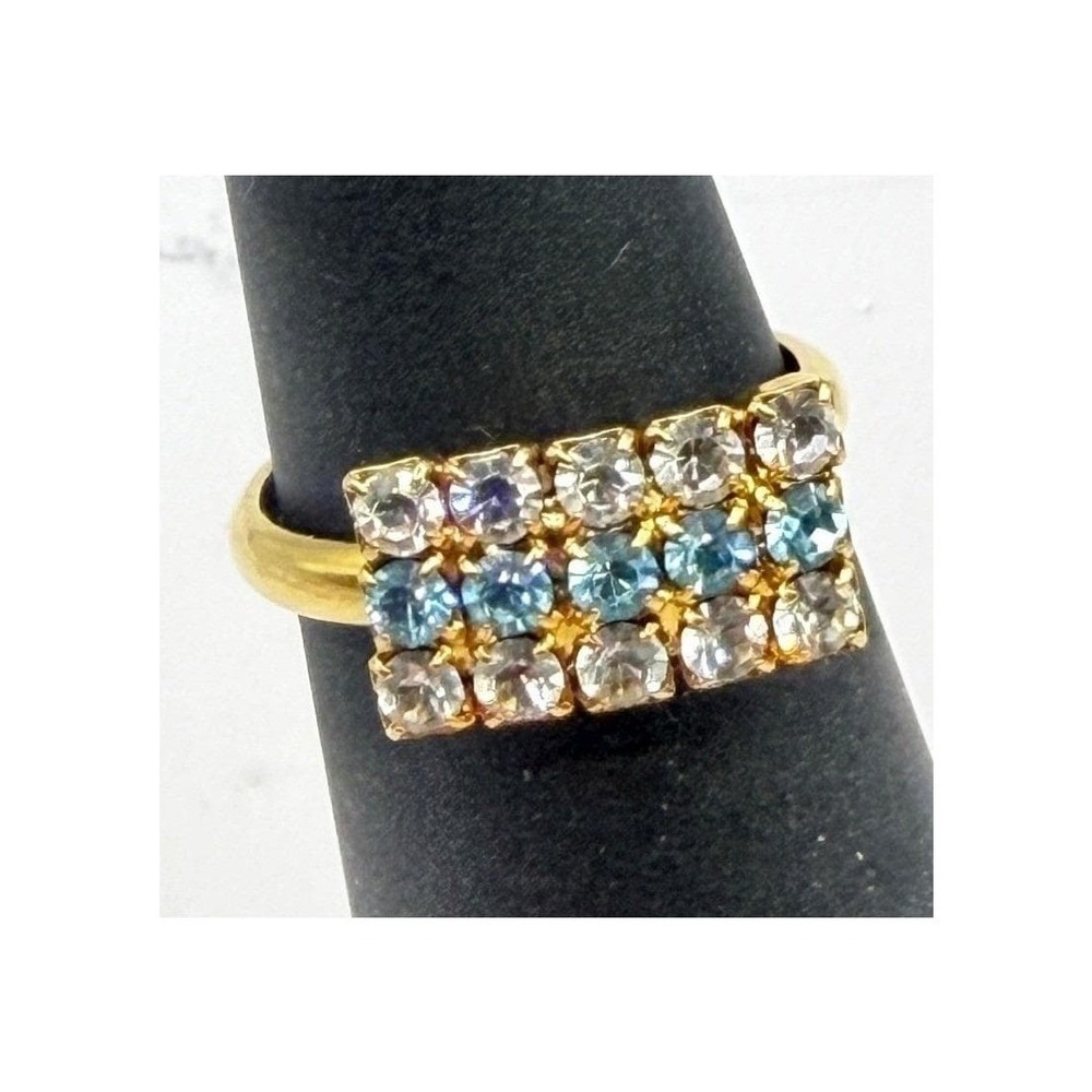Gold Tone Blue White‎ Rhinestone Adjustable Ring Sparkly Statement